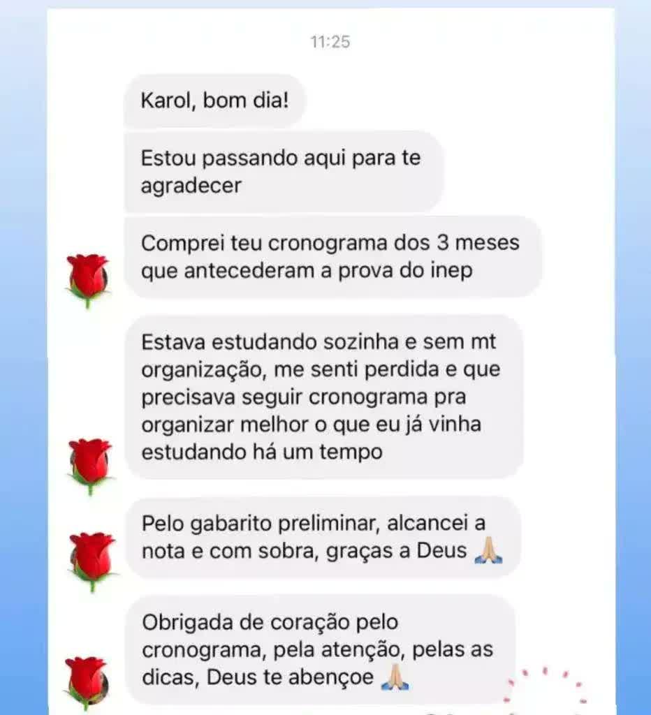 Print de mensagem de aluna: seguiu o cronograma e alcançou a nota com sobra pelo gabarito preliminar