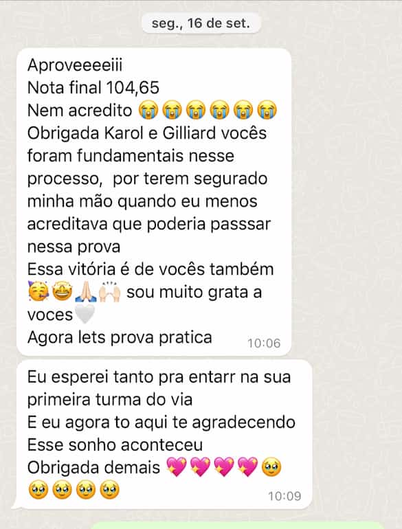 Depoimento de aluna aprovada com nota 104,65