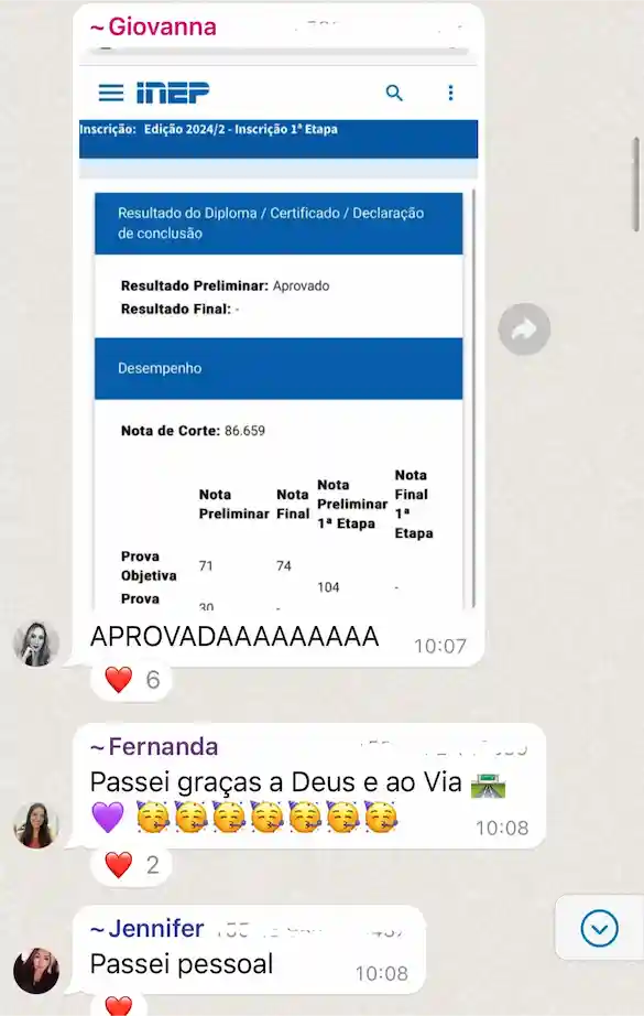 Depoimento de Giovanna aprovada com nota 104